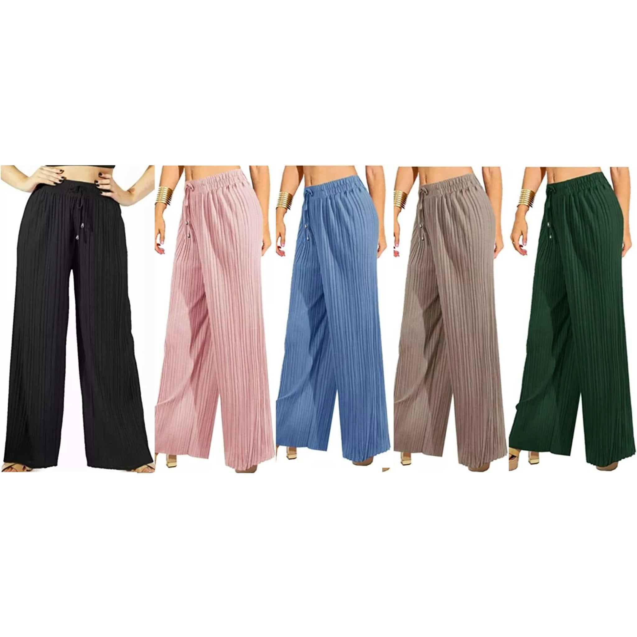 Women's black, pink, blue, beige and khaki green pleated wide leg trousers with elastic waist and drawstring, lightweight summer palazzo pants